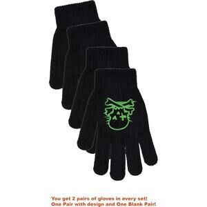 Boys 2 pairs of Gloves: 1-Halloween AND 1-Black ( Skull/X-bones Green)